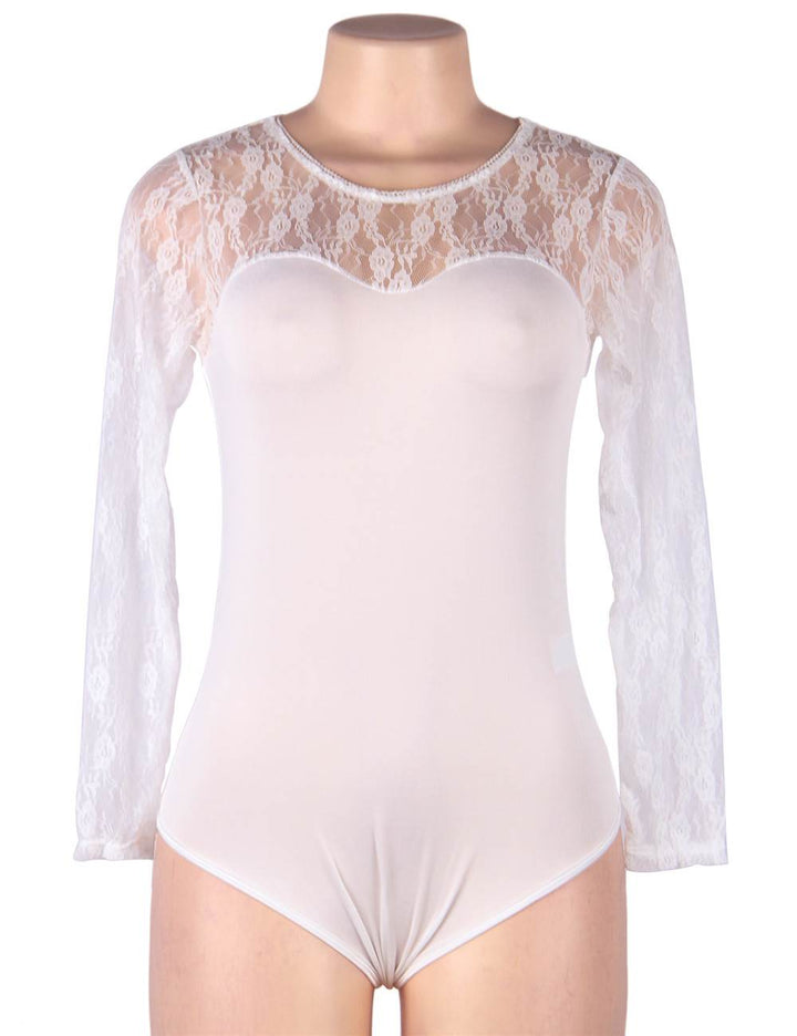 Oh Yeah Lingerie Open Crotch One Piece Long Sleeve Lace Teddy - M/8-10 - White