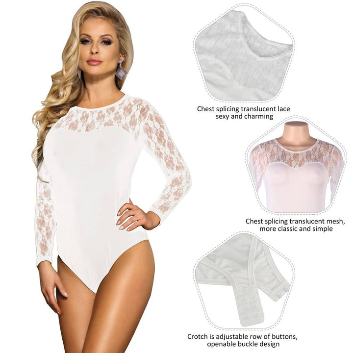 Oh Yeah Lingerie Open Crotch One Piece Long Sleeve Lace Teddy - M/8-10 - White