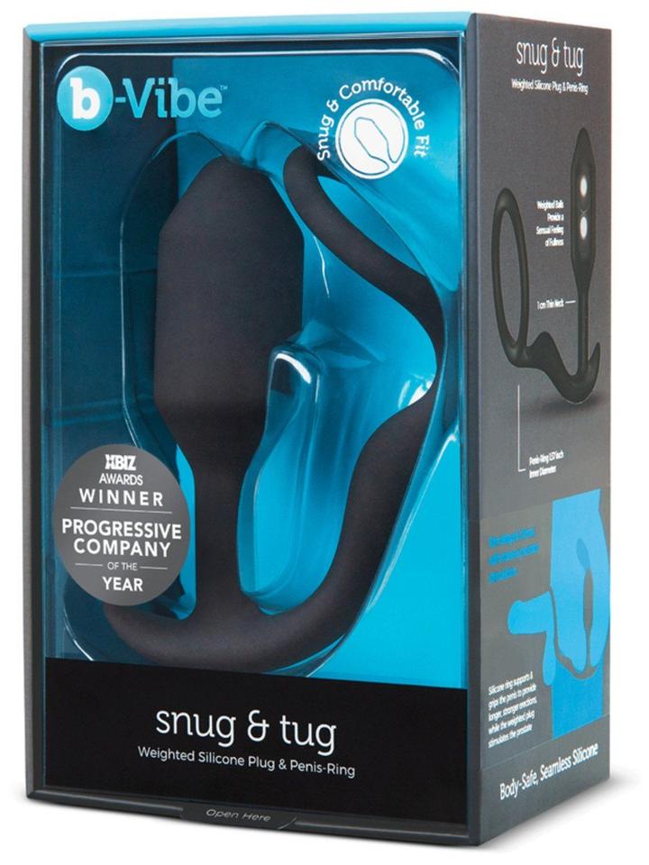 b-Vibe Snug & Tug Weighted Silicone Butt Plug & Penis Ring - Black