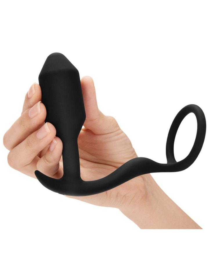 b-Vibe Snug & Tug Weighted Silicone Butt Plug & Penis Ring - Black