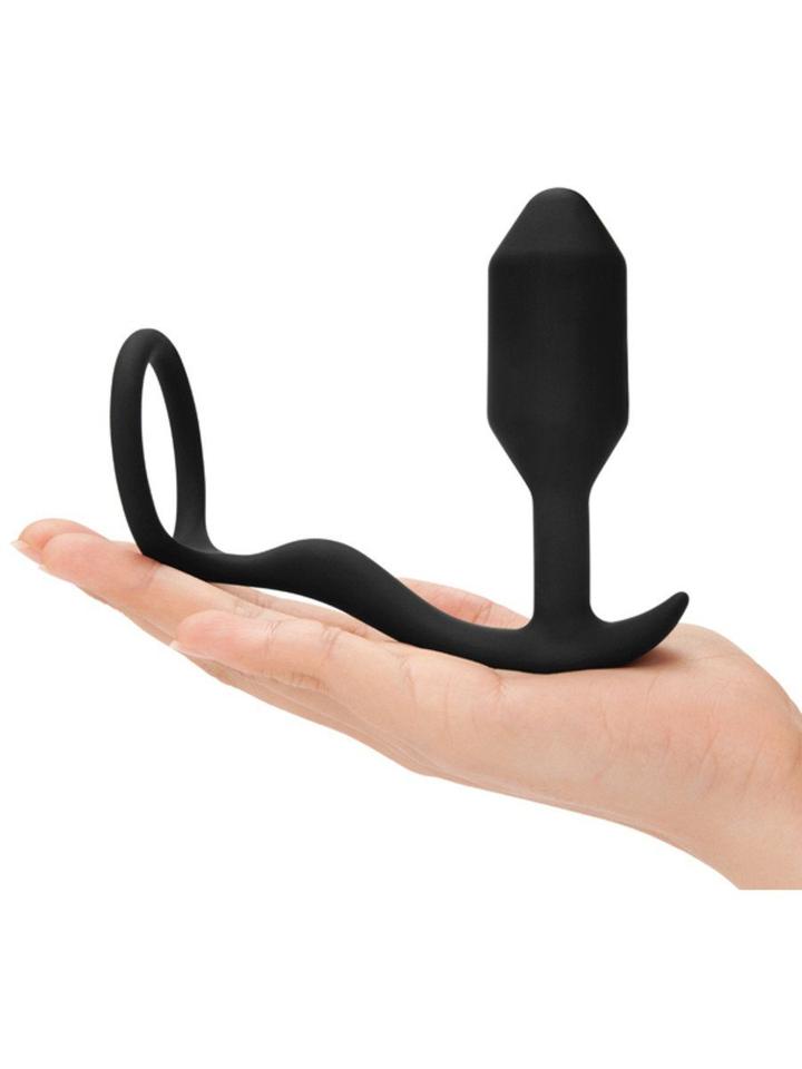 b-Vibe Snug & Tug Weighted Silicone Butt Plug & Penis Ring - Black