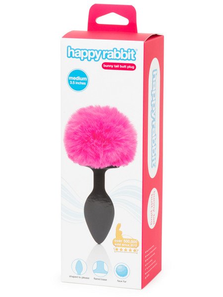 Happy Rabbit Bunny Tail Butt Plug - Medium - Black & Hot Pink