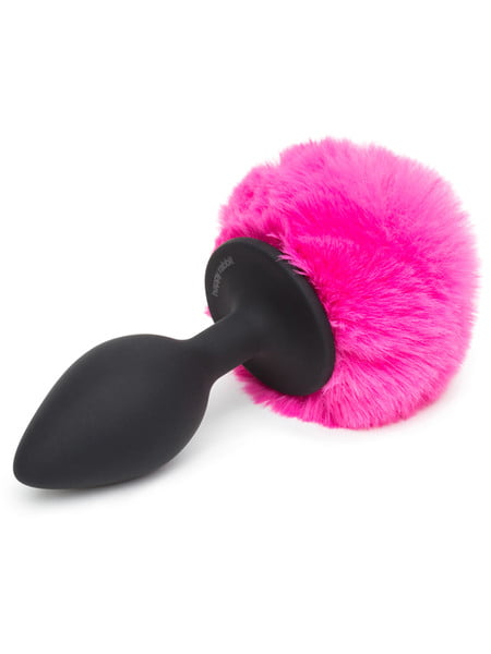 Happy Rabbit Bunny Tail Butt Plug - Medium - Black & Hot Pink