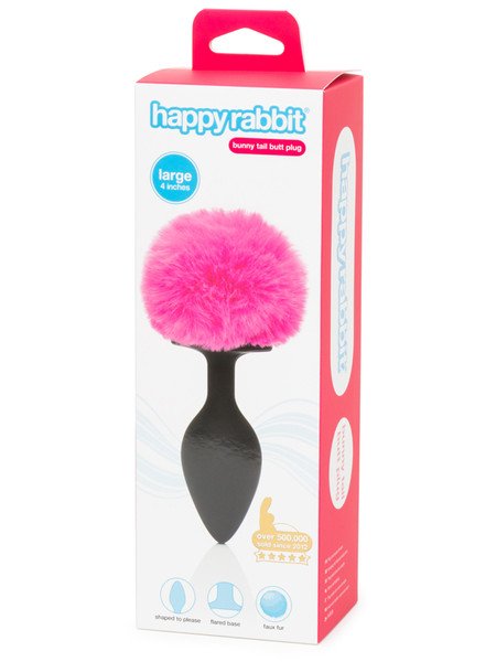 Happy Rabbit Bunny Tail Butt Plug - Large - Black & Hot Pink