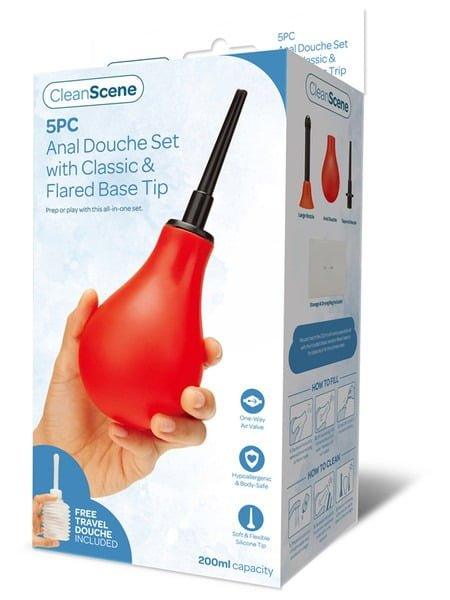 CleanScene 5pc Anal Douche Set with Classic & Flared Base Tip - Red & Black