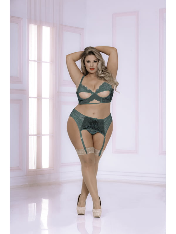 Seven 'Til Midnight 11033X Velvet Crush 3pc Bra Set - 1XL/2XL - Green