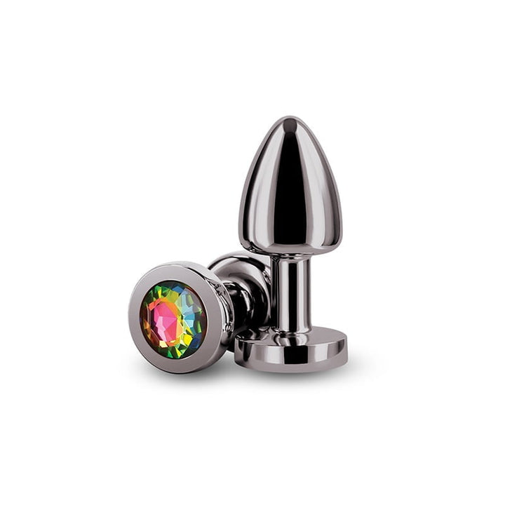 NS Novelties Rear Assets Round Jewelled Butt Plug - Petite - Chrome & Rainbow