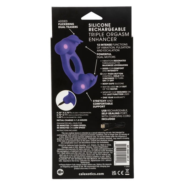 CalExotics Silicone Rechargeable Triple Orgasm Enhancer Cock Ring - Purple