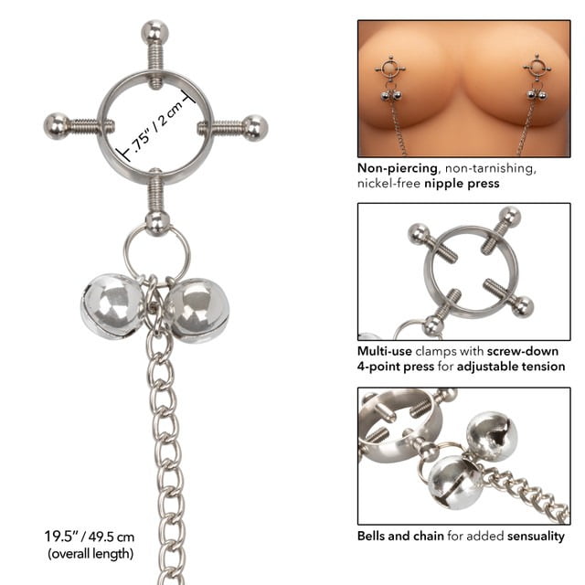 CalExotics Nipple Grips 4-Point Nipple Press with Bells - Silver