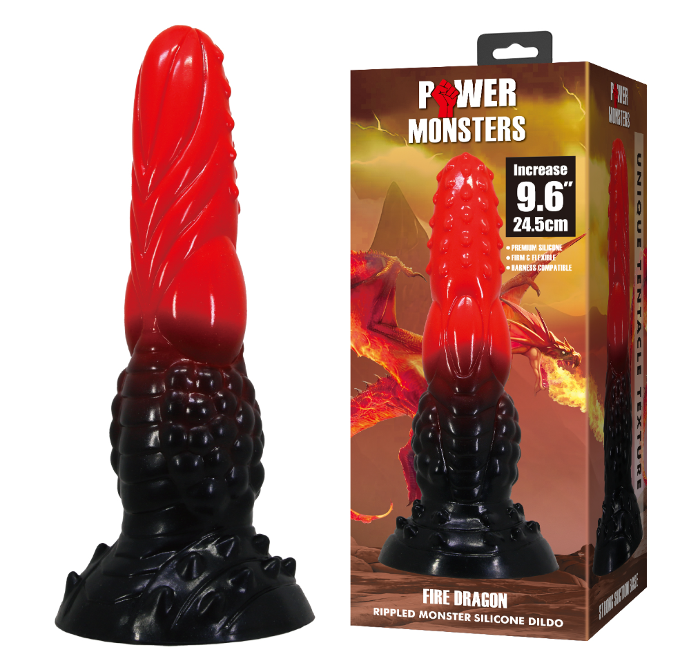 Power Monsters 9.6" Fire Dragon Rippled Silicone Dildo
