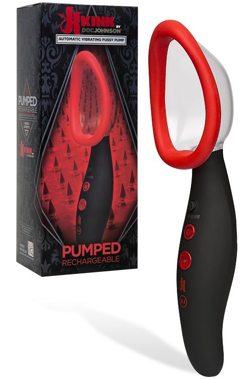 Kink by Doc Johnson Pumped Rechargeable Automatic Vibrating Pussy Pump - Black & Red