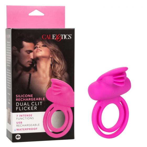 CalExotics Silicone Rechargeable Dual Clit Flicker Cock Ring - Pink