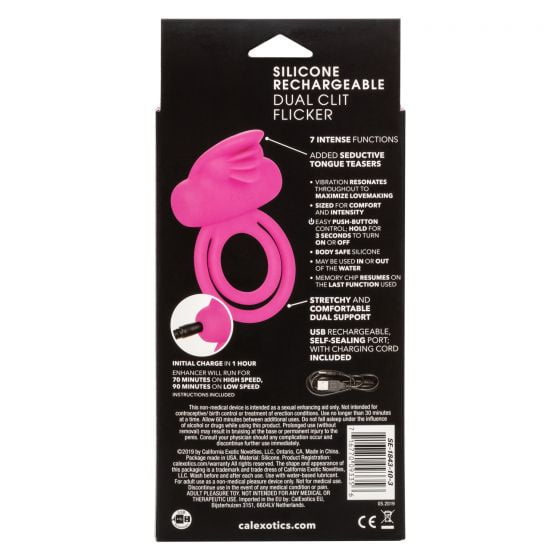 CalExotics Silicone Rechargeable Dual Clit Flicker Cock Ring - Pink