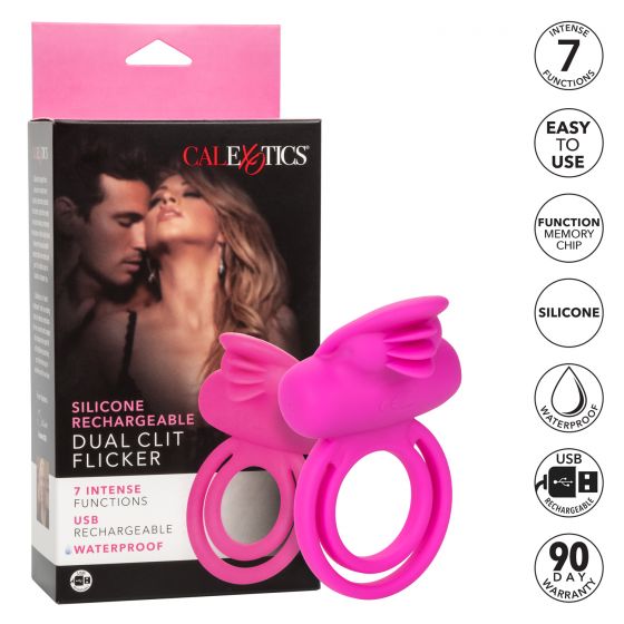 CalExotics Silicone Rechargeable Dual Clit Flicker Cock Ring - Pink